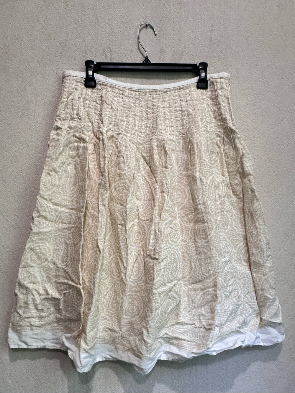 Women’s 100% Linen Soft Yellow Paisley A-Line Skirt Side Zip Sz 12 Cottagecore